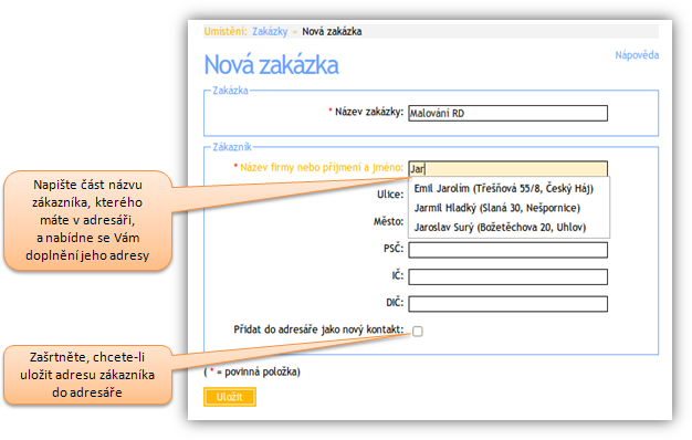 Použití našeptávače při zadávání adresy zákazníka