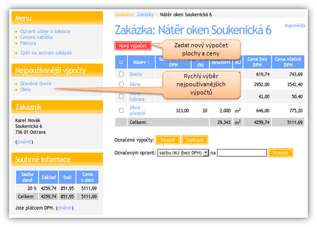 Zadání nového výpočtu do zakázky